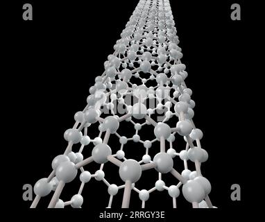 Rendering 3D di un modello molecolare di un nanotubo di carbonio isolato su sfondo nero. Foto Stock