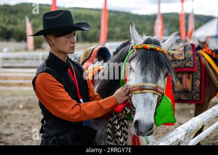 220603 -- SHANGRI-LA, 3 giugno 2022 -- Un cavaliere si prepara ad eseguire uno spettacolo equestre in un festival di corse di cavalli che si tiene a Shangri-la, nella prefettura autonoma tibetana di Deqen, nella provincia dello Yunnan della Cina sud-occidentale, il 3 giugno 2022. CHINA-YUNNAN-SHANGRI-LA-HORSE RACING FESTIVAL CN CAOXMENGYAO PUBLICATIONXNOTXINXCHN Foto Stock