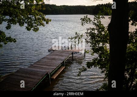 Una scena tranquilla di un piccolo molo situato sul bordo di un grande lago circondato da una vegetazione lussureggiante. Foto Stock