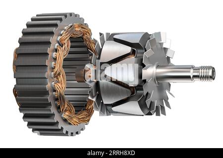 Rotore e statore del generatore alternatore per auto o del motore elettrico isolati su bianco. illustrazione 3d. Foto Stock