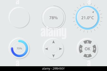 Elementi di progettazione dell'interfaccia utente (UI) del cerchio di neumorfismo Illustrazione Vettoriale