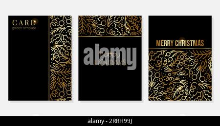 Set di eleganti cartoline natalizie a forma di doodle disegnate a mano con frutti di bosco, ciuffi di pino, holly Illustrazione Vettoriale
