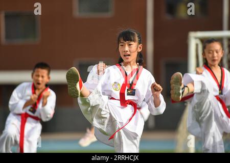 220625 -- BAOTOU, 25 giugno 2022 -- gli studenti imparano il taekwondo durante un'attività post-classe in una scuola elementare a Baotou, regione autonoma della Mongolia interna, Cina settentrionale, 24 giugno 2022. Le scuole di Baotou organizzarono varie attività dopo le lezioni per arricchire il tempo scolastico degli studenti. CHINA-INNER MONGOLIA-BAOTOU-SCHOOL-AFTER-CLASS ACTIVITIES CN PENGXYUAN PUBLICATIONXNOTXINXCHN Foto Stock