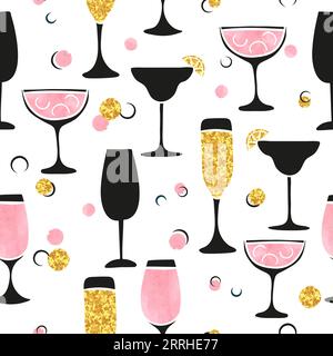 Motivo cocktail senza cuciture. Sfondo alcolico vettoriale con occhiali. Illustrazione Vettoriale