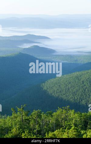 220629 -- GENHE, 29 giugno 2022 -- foto scattata il 29 giugno 2022 mostra la nebbia mattutina al monte Okliet nella città di Genhe, nella regione autonoma della Mongolia interna della Cina settentrionale. CHINA-INNER MONGOLIA-GENHE-OKLIET MOUNTAIN CN BEIXHE PUBLICATIONXNOTXINXCHN Foto Stock