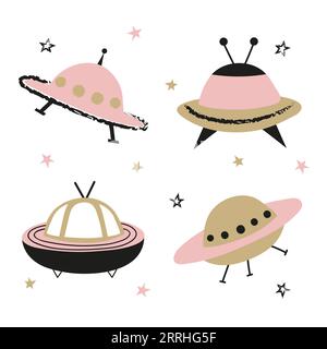 Set di astronavi UFO Cartoon. Illustrazione vettoriale per bambini. Illustrazione Vettoriale