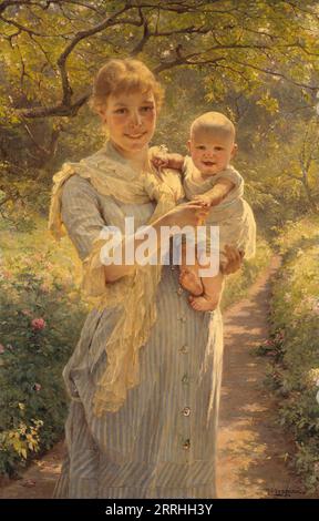 Giovane madre con un bambino in un giardino, c1900. Foto Stock