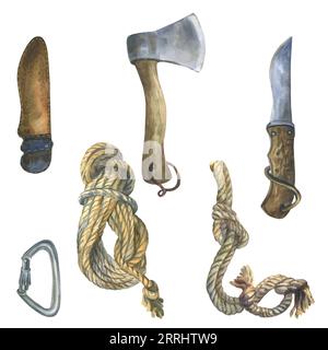 Set di illustrazioni dipinte a mano ad acquerello di strumenti da campeggio, coltello, ascia, carabina, rotoli di corda per turisti, mandarino. Oggetti per campeggio e. Foto Stock