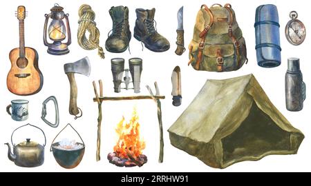 Acquerello Clipart da viaggio disegnato a mano, camper, tenda, tazze, zaino, immagini di grandi spazi aperti, clip art naturalistiche, voglia di viaggiare, avventure nella foresta, turismo Foto Stock