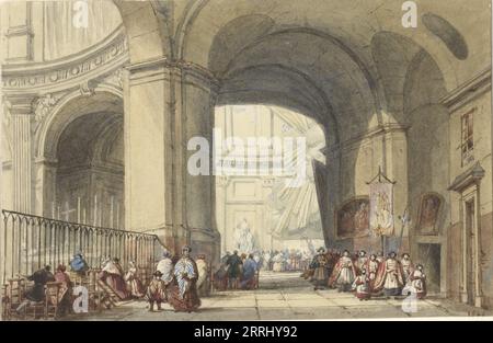 Interno della S. Roche a Parigi, con una processione in primo piano, 1848. Foto Stock