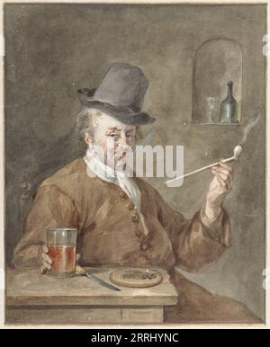 Uomo che fuma una pipa a un tavolo con un piatto, un coltello e un bicchiere, 1778. Foto Stock