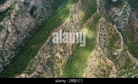 220712 -- BANNER ARAXAN LEFT, 12 luglio 2022 -- foto aerea scattata l'11 luglio 2022 mostra una vista della riserva naturale nazionale di Helan Mountain ad Araxan Left Banner, nella regione autonoma della Mongolia interna della Cina settentrionale. CINA-INTERNO MONGOLIA-HELAN MONTAGNA-RISERVA NATURALE-PAESAGGIO CN BEIXHE PUBLICATIONXNOTXINXCHN Foto Stock