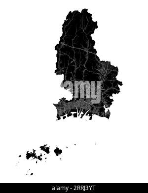 Mappa di Himeji. Mappa nera dettagliata dell'area amministrativa della città di Himeji. Vista sull'aria metropolitana con poster del paesaggio urbano. Terra nera con strade e viali bianchi. W Illustrazione Vettoriale