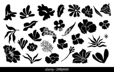 Set di sagome nere di foglie e fiori astratti. Fiori selvatici e da giardino. Illustrazioni vettoriali in nero isolate su sfondo bianco Illustrazione Vettoriale