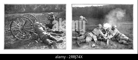 "L'Outillage Ennemi et le Notre; la Maneuver de notre canon de 37, sur roues ou sur affut", 1918. Da "l'album de la Guerre 1914-1919, volume 2" [l'Illustration, Paris, 1924]. Foto Stock