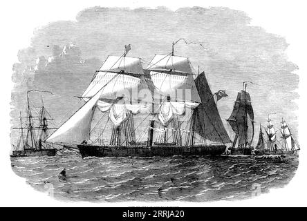 Nuova flotta di cannoni brasiliani, 1858. "Negli ultimi mesi alcuni dei nostri più eminenti costruttori navali sono stati impiegati nella costruzione di una flotta di potenti cannoniere per il governo del Brazils... la nave [nello schizzo] è l'Araguario, una di quelle costruite dai signori Pitcher di Northfleet, su progetto del signor Maxwell. Nel viaggio di prova di due delle loro navi, prima di partire, hanno raggiunto una velocità media di nove nodi all'ora; e la nave sopra menzionata, quando è profondamente carica di ordigni e altri negozi, ha compiuto 8&#xbd; nodi all'ora...[trasporta] due 68 libbre e quattro 32- Foto Stock