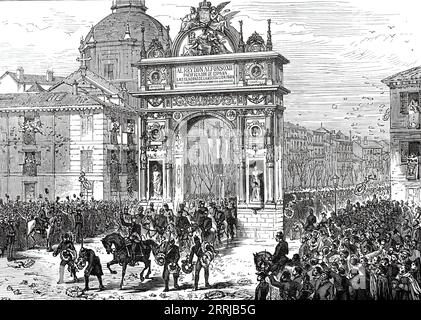 Ingresso di Alfonso XII A Madrid: Arco di Trionfo nella Calle de Alcala, 1876. Iscrizione: 'Al Rey Don Alfonso XII; Pacificador de Espa&#xf1;a' (al re Alfonso XII, Pacifier di Spagna). "La fine della guerra carlista in Spagna fu celebrata... dall'entrata trionfale di re Alfonso XII A Madrid, al suo ritorno dalla tarda sede della guerra nelle Province basche e in Navarra... il presidente del Ministero cedette il suo palazzo nella Calle Alcala (la più bella posizione della città) al corpo diplomatico. Una processione con la scritta "Unidad Catolica" (unità Cattolica) sul suo fl Foto Stock