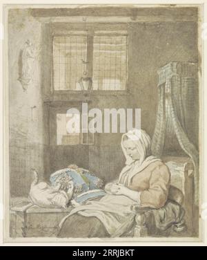 L'operaio del pizzo dormiente, 1795-1873. Una donna che schizza come un gatto aggroviglia i fili del suo lavoro di pizzo. Progettare una stampa. Foto Stock