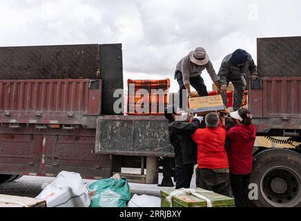 220719 -- NAGQU, 19 luglio 2022 -- gli abitanti del villaggio caricano i bagagli su un camion nella Doima Township della contea di Tsonyi, nella regione Autonoma Tibet della Cina sud-occidentale, 12 luglio 2022. La contea di Tsonyi, regione autonoma Tibet del sud-ovest della Cina, ha iniziato il trasferimento del suo secondo gruppo di residenti martedì, come parte del piano della regione per migliorare le condizioni di vita delle persone e proteggere il fragile ecosistema locale. Con un'altitudine media di oltre 5.000 metri, la contea di Tsonyi copre un'area totale di 120.000 km quadrati e fa parte della riserva naturale nazionale di Changtang, la riserva naturale più grande e più alta della Cina. Du Foto Stock