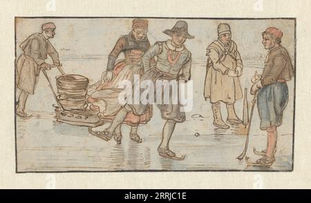 Skaters on the Ice, a Man Pushing a Sledge e a Kolf-player / verso: Two Skaters, c.1620-c.1625. Foto Stock