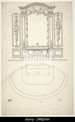 Progetto per un altare basso con una rappresentazione scolpita dell'Agnello di Dio, c.1740-c.1760. Altare in una nicchia semicircolare, scolpito su entrambi i lati con un trofeo di oggetti ecclesiastici, compresa una mappa. Foto Stock