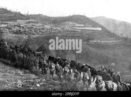 Gli italiani girano le cose; aiuti francesi: Attraversare un passo, su una strada strategica di nuova costruzione, da una doppia colonna di artiglieria e cacciatori alpini, 1917. Da "l'album de la Guerre 1914-1919, volume 2" [ l'Illustration, Parigi, 1924]. Foto Stock