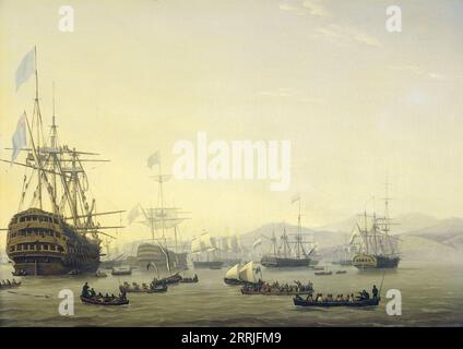 Consiglio di guerra a bordo della "Queen Charlotte", comandata da Lord Exmouth, prima del bombardamento di Algeri, 26 agosto 1816, 1818. Altri titoli: Quattro episodi durante la presenza della flotta anglo-olandese nella baia di Algeri, dal 26 al 27 agosto 1816. Foto Stock