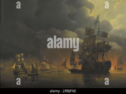 La flotta anglo-olandese, al comando di Lord Exmouth e del viceammiraglio Jonkheer Theodorus Frederik van Capellen, mise fuori le roccaforti algerine, il 27 agosto 1816, 1818. Altri titoli: Episodi durante la presenza della flotta anglo-olandese nella baia di Algeri, dal 26 al 27 agosto 1816. Foto Stock