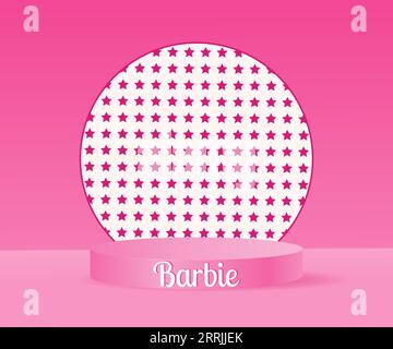 Settembre 2023. Barbie. Iscrizione Barbie. Podio rosa per barbie su sfondo rosa. Editoriale. Vettore Illustrazione Vettoriale