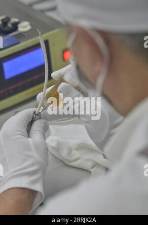 220727 -- CHENGDU, 27 luglio 2022 -- Yang Yinyu lavora in un laboratorio di Sichuan Aerospace Chuannan Initiating Explosive Technology Limited a Luzhou, nella provincia del Sichuan nel sud-ovest della Cina, 14 luglio 2022. Yang Yinyu è un tecnico di classe speciale e ingegnere senior presso la Sichuan Aerospace Chuannan che ha avviato Explosive Technology Limited. Il lavoro di Yang e del suo team include la produzione di dispositivi esplosivi di vario tipo. Questi dispositivi svolgono un ruolo cruciale nel processo, dall'accensione dei razzi e dalla separazione dei booster al lancio della carenatura e alla separazione della capsula e del razzo. L'iniziatina Foto Stock