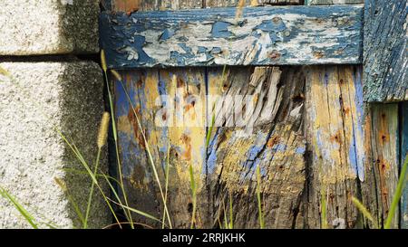 Rustico, stagionato, porta della casa della barca Foto Stock