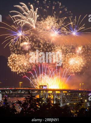 220731 -- VANCOUVER, 31 luglio 2022 -- i fuochi d'artificio presentati dal team Spain illuminano il cielo durante la 30a celebrazione annuale della luce a English Bay a Vancouver, British Columbia, Canada, il 30 luglio 2022. Foto di /Xinhua CANADA-VANCOUVER-FIREWORKS LiangxSen PUBLICATIONxNOTxINxCHN Foto Stock