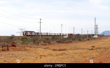 220802 -- NAIROBI, 2 agosto 2022 -- gli Zebre sono visti accanto a una recinzione mentre un treno merci corre sul binario della ferrovia Mombasa-Nairobi in Kenya, il 28 luglio 2022. La Mombasa-Nairobi Standard Gauge Railway SGR di costruzione cinese ha appena celebrato il suo quinto anniversario di funzionamento sicuro. La ferrovia Mombasa-Nairobi passa attraverso riserve naturali come il Parco Nazionale di Nairobi e il Parco Nazionale dello Tsavo. Al fine di ridurre l'impatto sull'ambiente, sono state adottate una serie di misure durante la progettazione e la costruzione della ferrovia, ad esempio bypassando le mangrovie, che aiutano a mantenere le mangrovie in flou Foto Stock