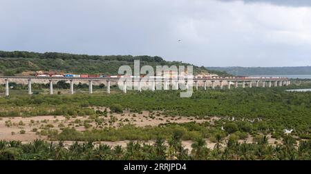 220802 -- NAIROBI, 2 agosto 2022 -- Un treno merci corre sul binario della ferrovia Mombasa-Nairobi bypassando le mangrovie a Mombasa, in Kenya, il 27 luglio 2022. La Mombasa-Nairobi Standard Gauge Railway SGR di costruzione cinese ha appena celebrato il suo quinto anniversario di funzionamento sicuro. La ferrovia Mombasa-Nairobi passa attraverso riserve naturali come il Parco Nazionale di Nairobi e il Parco Nazionale dello Tsavo. Al fine di ridurre l'impatto sull'ambiente, sono state adottate una serie di misure durante la progettazione e la costruzione della ferrovia, ad esempio bypassando le mangrovie, che contribuiscono a mantenere le mangrovie flouri Foto Stock