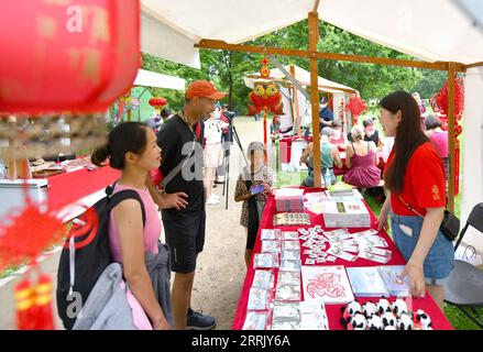 220814 -- BERLINO, 14 agosto 2022 -- le persone visitano uno stand espositivo cinese durante il festival culturale Culture Meets Garden presso i Gardens of the World di Berlino, in Germania, il 13 agosto 2022. Il festival si è tenuto qui dal 13 al 14 agosto. GERMANIA-BERLINO-FESTIVAL CULTURALE RenxPengfei PUBLICATIONxNOTxINxCHN Foto Stock