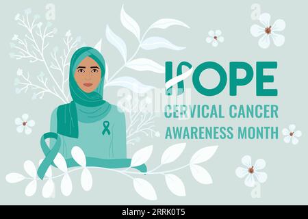 Mese di sensibilizzazione al cancro cervicale. Frase di speranza. Donna musulmana in hijab con fiori, ottanio e bianco sul petto. Prevenzione del cancro e assistenza sanitaria alle donne Illustrazione Vettoriale