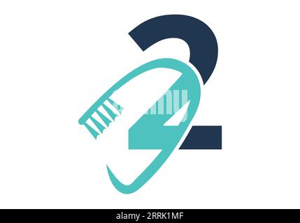 Lettera iniziale 2 Logo dentale abbinato al simbolo della spazzola dentata. Il logo Dental Care disegna il modello vettoriale Illustrazione Vettoriale