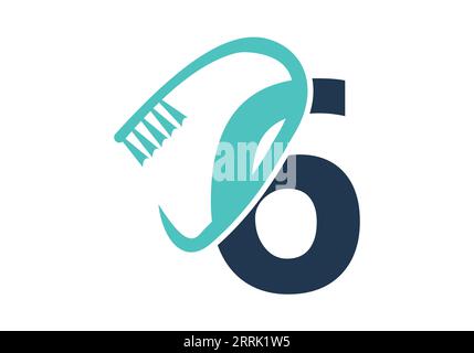 Lettera iniziale 6 Logo dentale abbinato al simbolo della spazzola dentata. Il logo Dental Care disegna il modello vettoriale Illustrazione Vettoriale