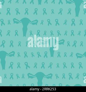 Pattern senza cuciture con nastro tumorale e utero. Sfondo del mese di consapevolezza del cancro ovarico e cervicale. Simbolo del nastro del cancro. Prevenzione del cancro Illustrazione Vettoriale