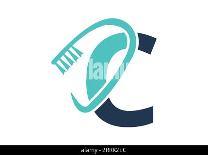 Lettera iniziale C Logo dentale abbinato al simbolo della spazzola dentata. Il logo Dental Care disegna il modello vettoriale Illustrazione Vettoriale
