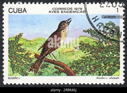 Un francobollo stampato a CUBA mostra l'uccello solitario cubano (Myadestes Elisabeth), della serie Cuban Birds, circa 1978 Foto Stock