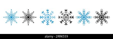 Imposta la collezione di icone a fiocco di neve in nero e blu con sfondo bianco. Illustrazione Vettoriale