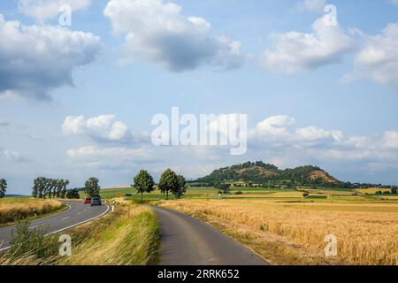 Amöneburg, Assia, Germania - strada statale per Amöneburg. Amöneburg è una piccola città nel distretto centrale dell'Assia di Marburgo-Biedenkopf. Si trova sulla montagna alta 365 m Amöneburg con il castello Amöneburg in cima. Foto Stock