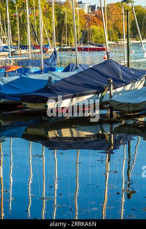 Amburgo, molo con barche a vela sull'Alster esterno, alberi con foglie colorate sullo sfondo. Foto Stock