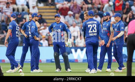 Cardiff, Regno Unito. 8 settembre 2023. L'Inghilterra festeggia il wicket di Henry Nicholls neozelandese, dal Catch preso da Joss Buttler (centro) durante il Metro Bank ODI Series match tra Inghilterra e nuova Zelanda a Sophia Gardens, Cardiff, Regno Unito, l'8 settembre 2023. Foto di Stuart Leggett. Solo per uso editoriale, licenza necessaria per uso commerciale. Nessun utilizzo in scommesse, giochi o pubblicazioni di un singolo club/campionato/giocatore. Credito: UK Sports Pics Ltd/Alamy Live News Foto Stock