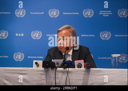 Nuova Delhi, Delhi, India. 8 settembre 2023. Il Segretario generale delle Nazioni Unite AntÃ³nio Guterres si rivolge a una conferenza stampa, in vista del vertice del G20 a nuova Delhi, in India, l'8 settembre 2023. (Immagine di credito: © Kabir Jhangiani/ZUMA Press Wire) SOLO USO EDITORIALE! Non per USO commerciale! Foto Stock