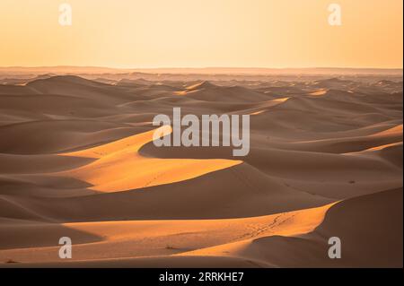 Marocco, Marocco meridionale, Chegagga, Sahara, deserto, alba, sabbia, dune, dune di sabbia Foto Stock