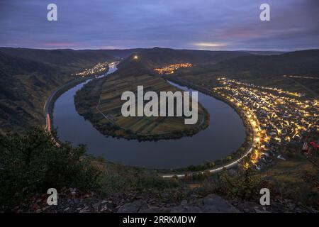 Mattinata tra i vigneti sulla Mosella, alba autunnale da un punto panoramico sopra l'anello della Mosella vicino a Bremm, colori autunnali in Germania Foto Stock