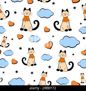 Texture senza cuciture con gatti e nuvole su sfondo bianco Illustrazione Vettoriale