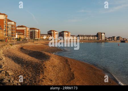 Inghilterra, Sussex, East Sussex, Eastbourne, Sovereign Harbour Beach e Skyline Foto Stock